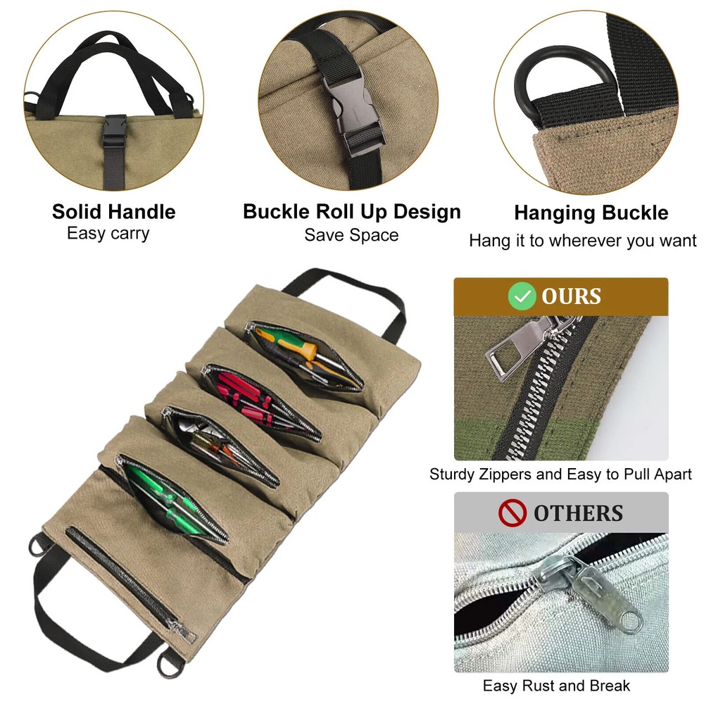 Khaki Car Backrest Canvas Tool Organizer Multi-Purpose Tool Roll Up Bag 5 Pocket