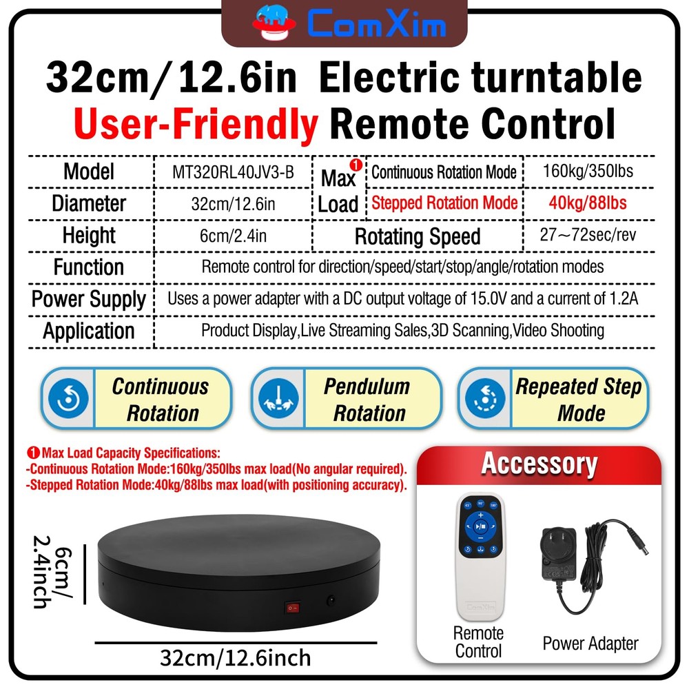 12.6Inch/350lbs Capacity Electric Motorized Turntable,Remote Rotating Display...