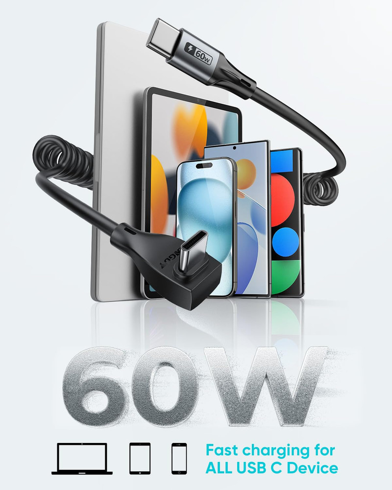 Right Angle Coiled USB C Cable 5FT [Recommended Stretch Length:1.3Ft-3.3Ft] 1Pac