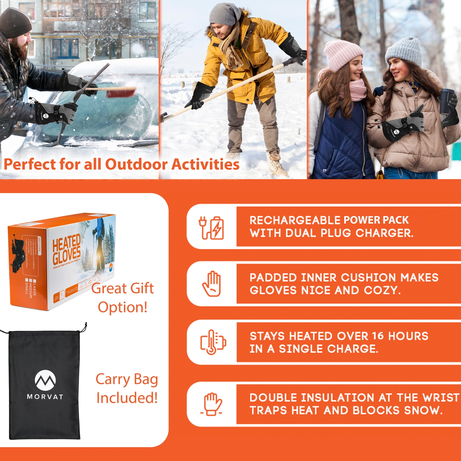 Morvat 16+ Hour Charge Men/Women Rechargeable Battery Electric Heated Gloves