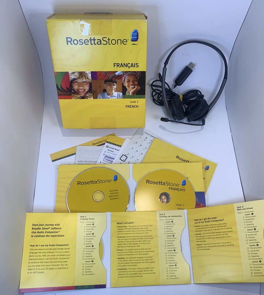 Rosetta Stone FRENCH Lev 1, Version 3 Win/Mac CD-Rom, Headset/Mic. Complete.USED