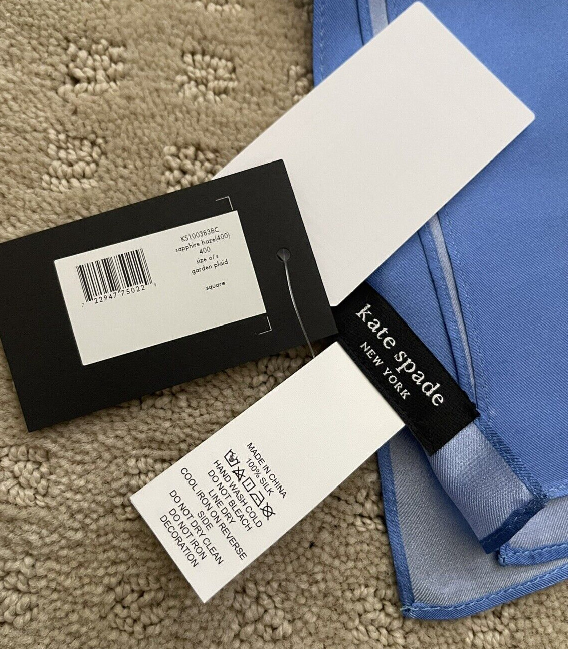 NWT Kate Spade Garden Plaid Square Silk Scarf $88 SAPPHIRE HAZE