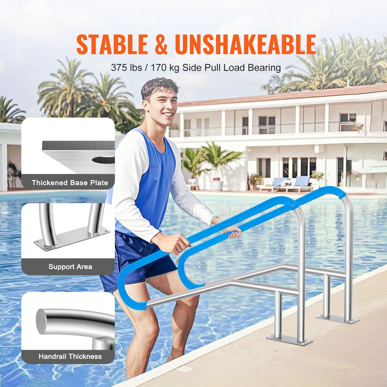 Pool Handrail, 54 X 36 Inch Railing, Stainless Steel With Base Plate