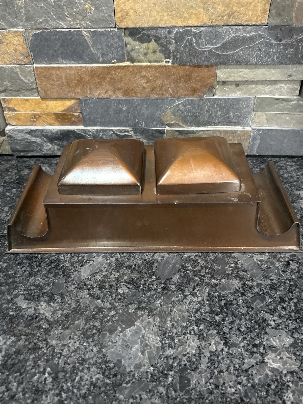 Antique Copper Brass Double Inkwell Desk Set Arts Crafts Glass Inserts