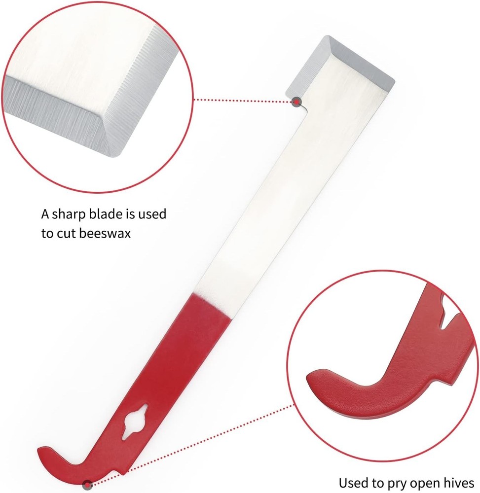 Versatile Red Painted Bee Hive Tool - 10-1/2 Inch Frame Lifter & Scraping Edge
