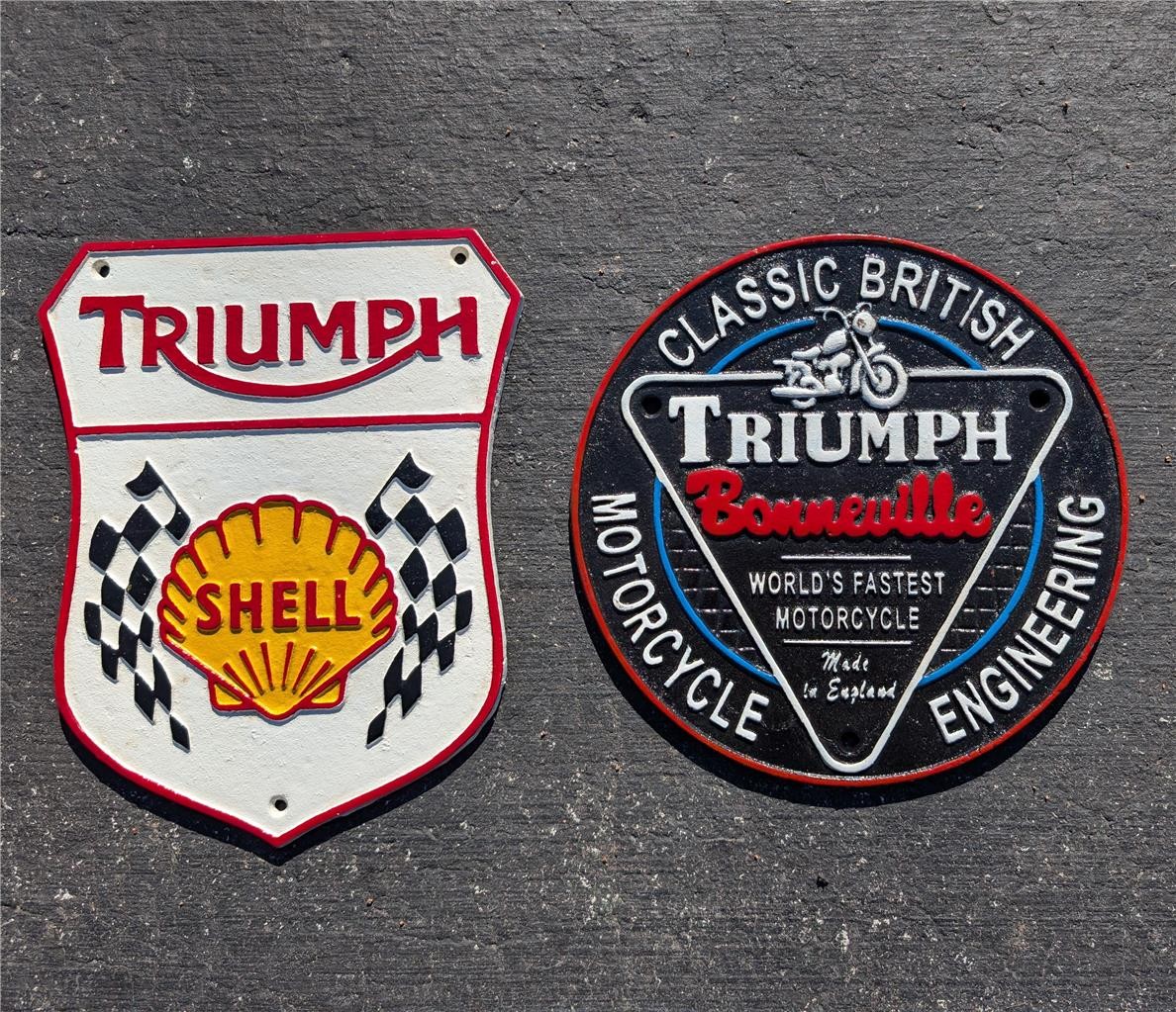 2 CAST IRON TRIUMPH MOTORCYCLE SIGNS CLASSIC BRITISH & SHELL