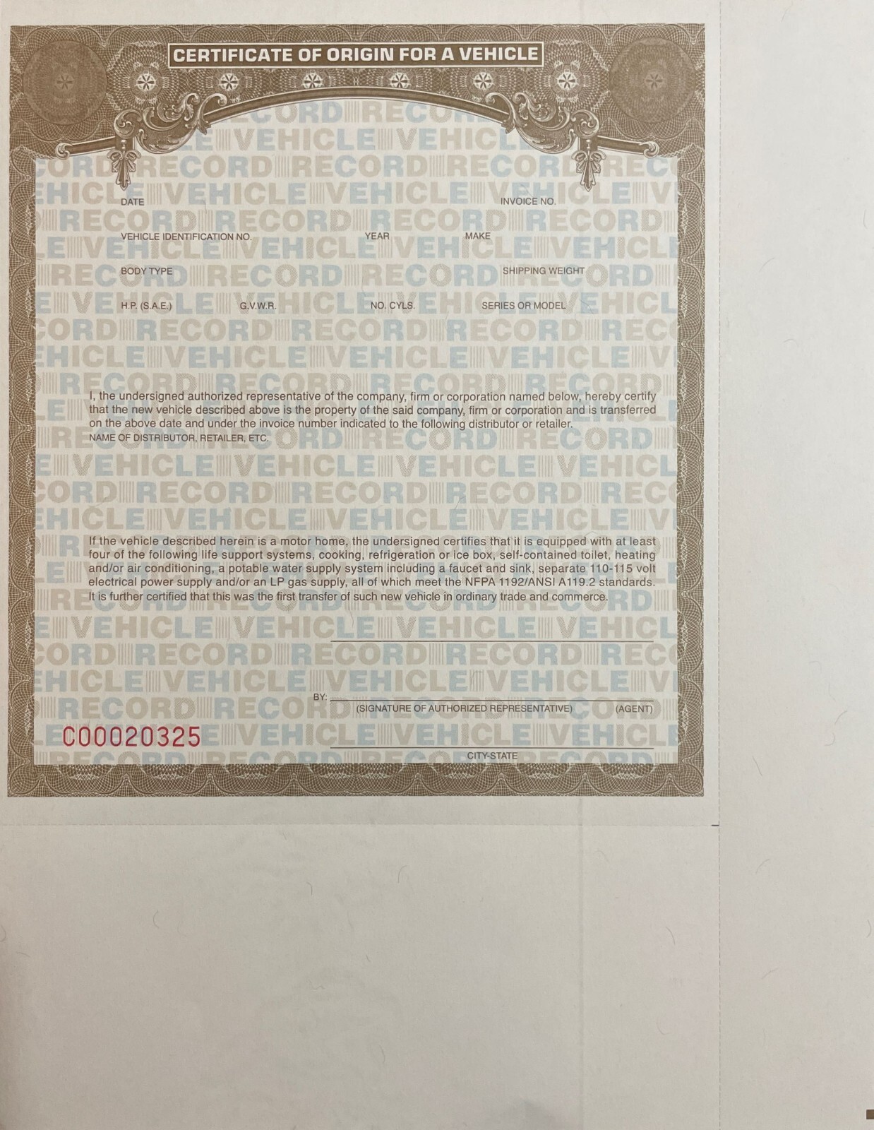 6 ea. Blank 50 STATE - Certificate of Origin MSO MCO Vehicle / Motorcycle - NEW