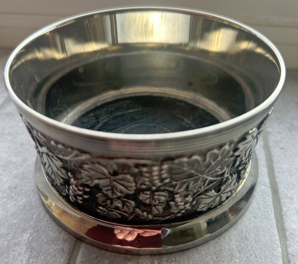 Vintage Silver Plate Wine Bottle Coaster Grapevine Pattern