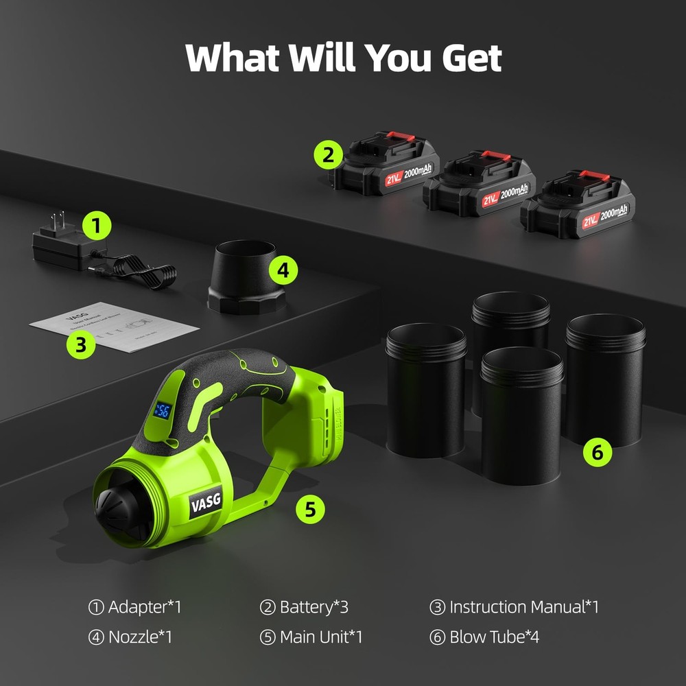 Leaf Blower Cordless, 3 x 21V Batteries & Fast Charger Set, Variable Speed Mo...
