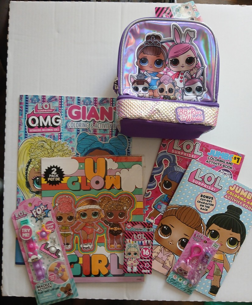 L.O.L. Fun Bundle Coloring Books, Crayons, Lunch Bag, Lip Gloss, Key Chains,.NEW
