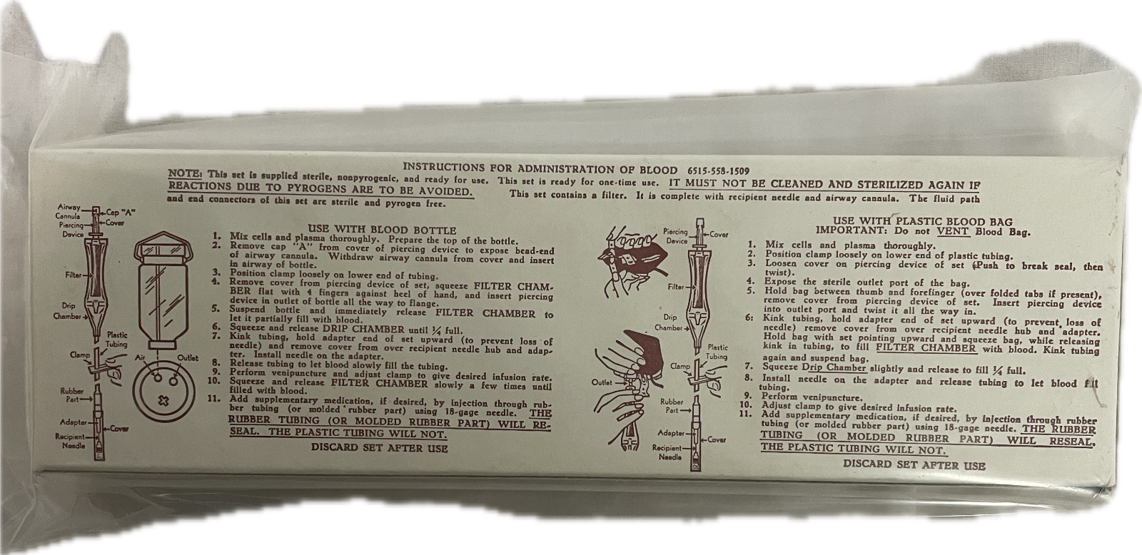 Vintage Military Surplus Vietnam Era Blood Recipient Set, Indirect Transfusion