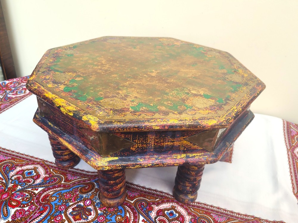 Old Style Anglo-Indian Low Bajot Table Octagonal Painted Boho Prayer Table