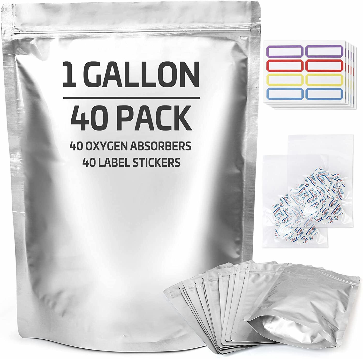 40PCS Mylar Bag for Food Storage With Oxygen Absorbers Label Resealable 1 Gallon