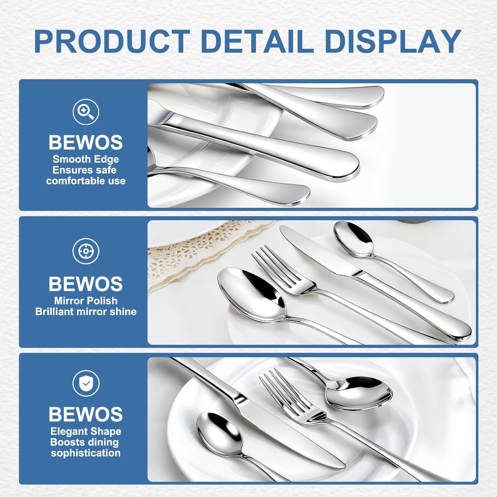 BEWOS Silverware Set for normal, 20P Stainless Steel Silver
