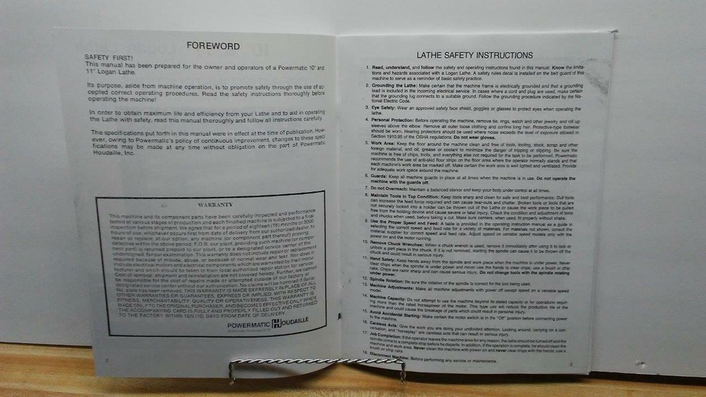 Powermatic 10” & 11” Lathe Operating Instructions Manual