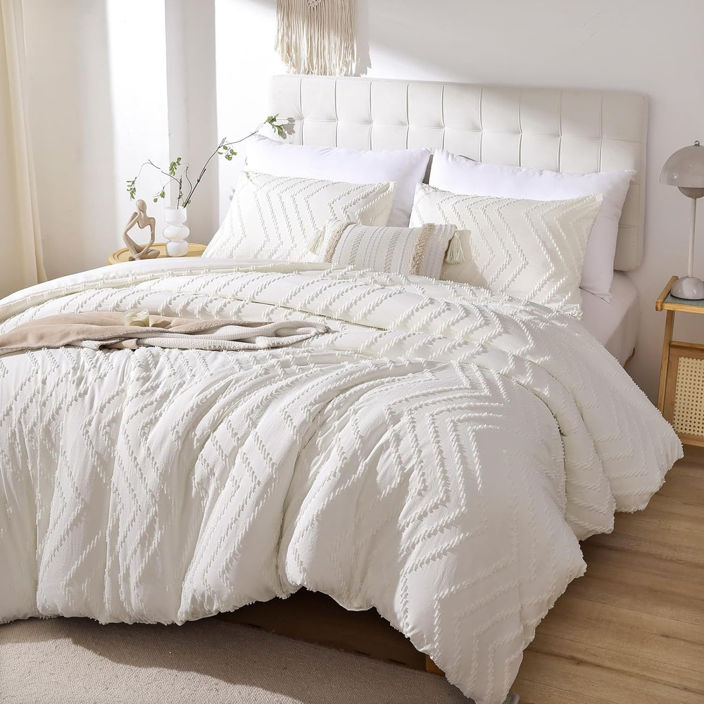 Ivory White Full Comforter Set 3Pcs, Boho Full Size Bedding Set, Vertical Tufted