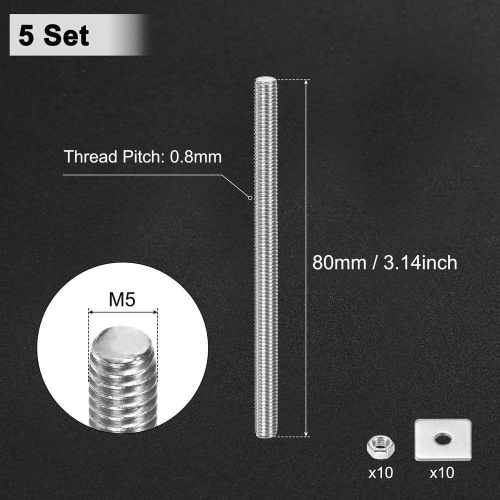 5-Set Fully Threaded Rod, M5x80mm Right Hand Thread Bar Studs with Nuts