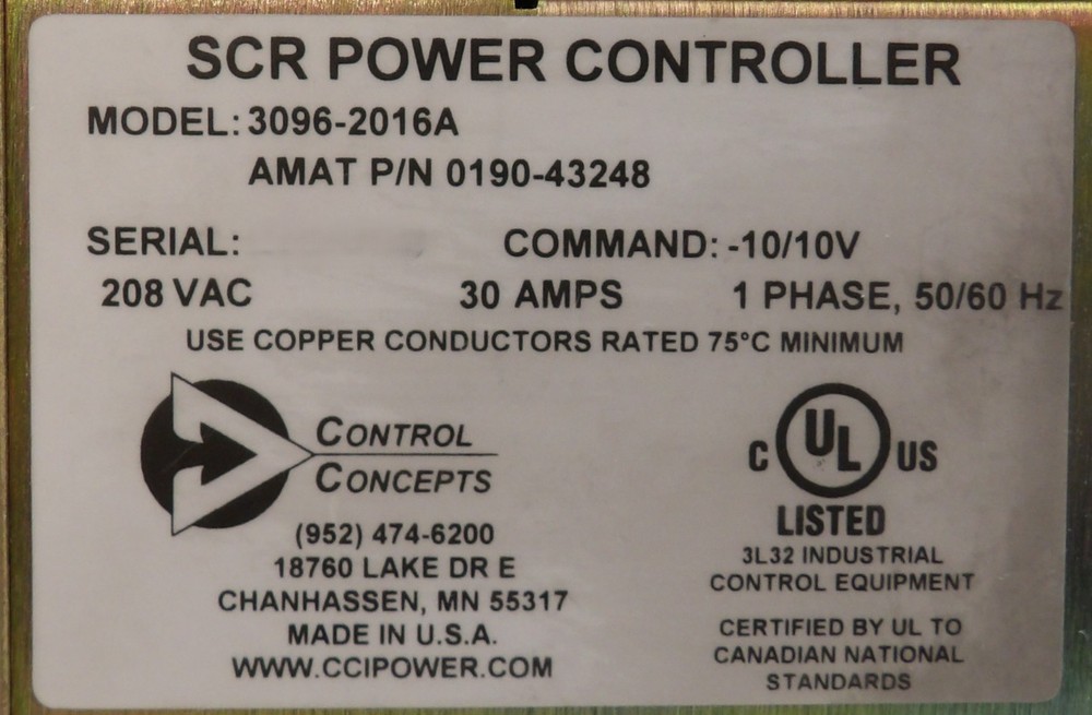 Control Concepts 3096-2016A SCR Power Controller AMAT 0190-43248 Working Spare