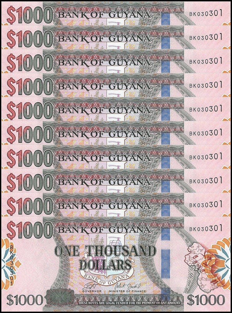 Guyana 1000 Dollars, 2019 ND, P-38c, UNC X 10 PCS