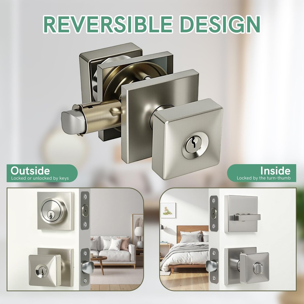 Square Door Knobs Exterior Lock Set with Deadbolt, Single Satin Nickel