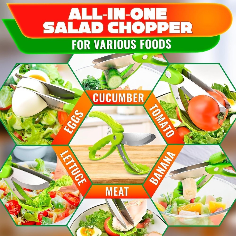 Salad Scissors 8.9" Multiblade Spring-Loaded Kitchen Lettuce Chopper Stainless
