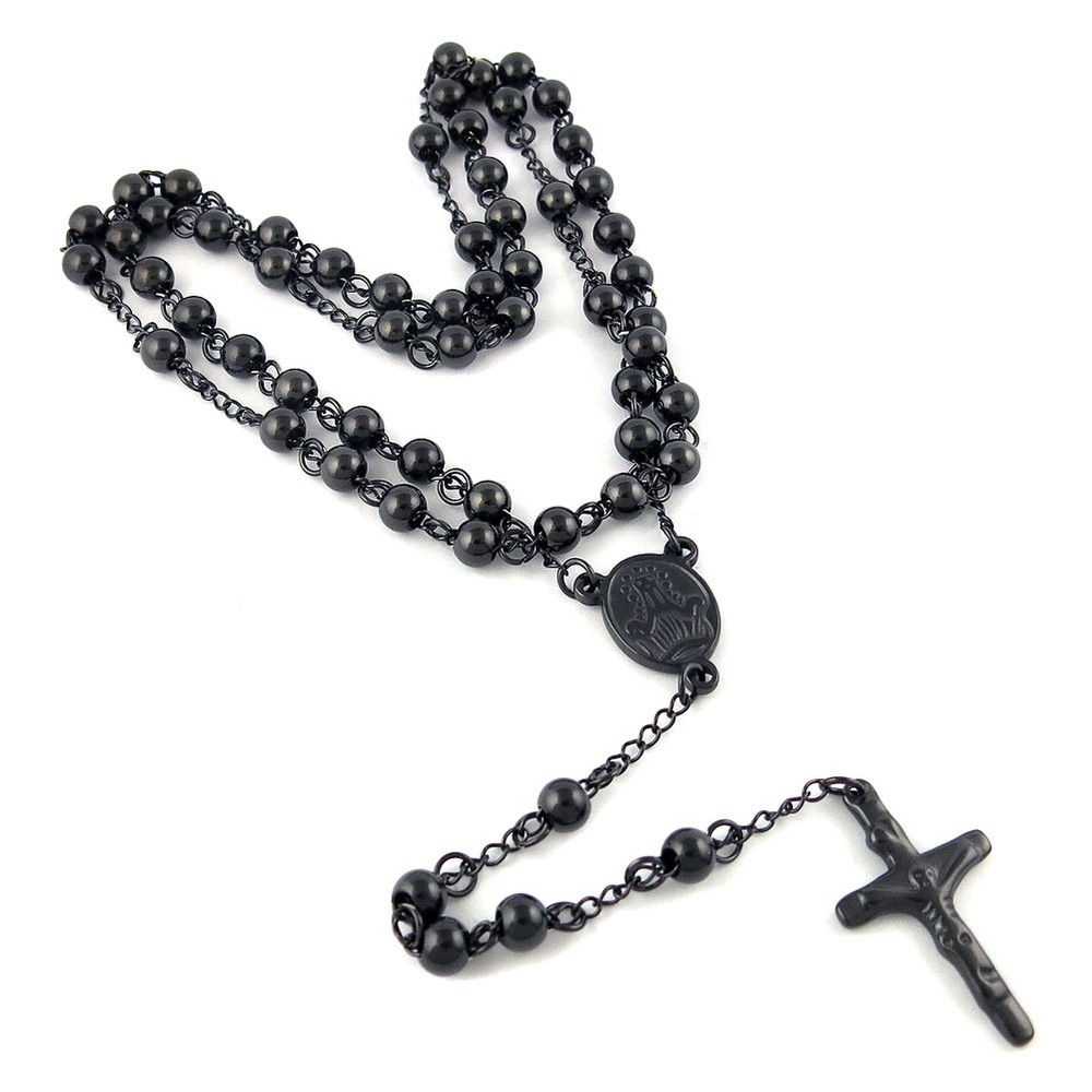 Stainless Steel 6mm 26" Catholic Rosary Bead Necklace Jesus Christ Cross Pendant
