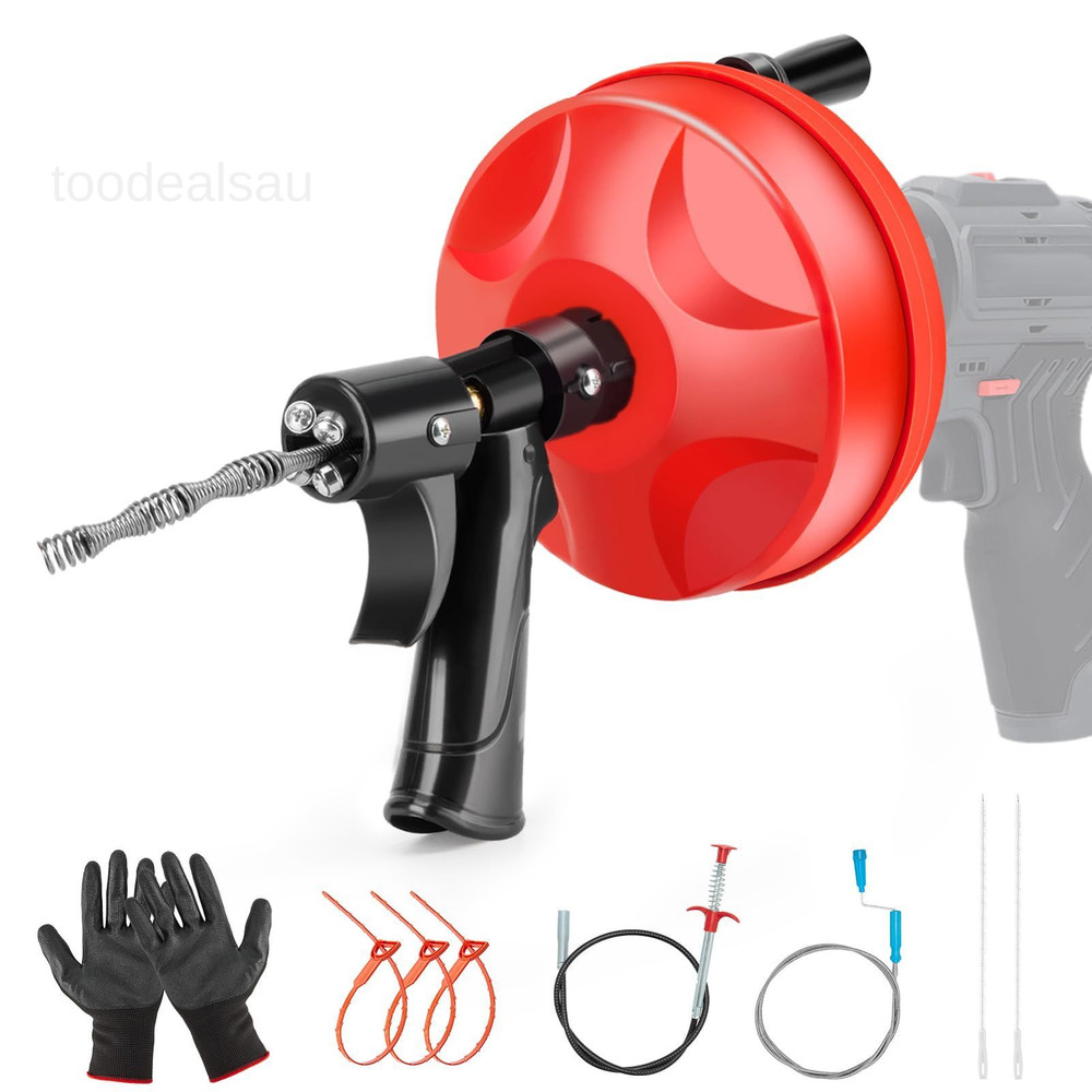 35ft Plumbing Snake Drain Auger with Auto-Retract Function, Red