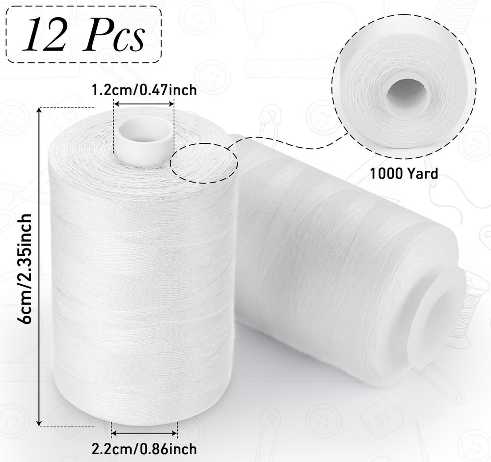 Sewing Thread 12 Spools 1000 Yards Each All Purpose Polyester White
