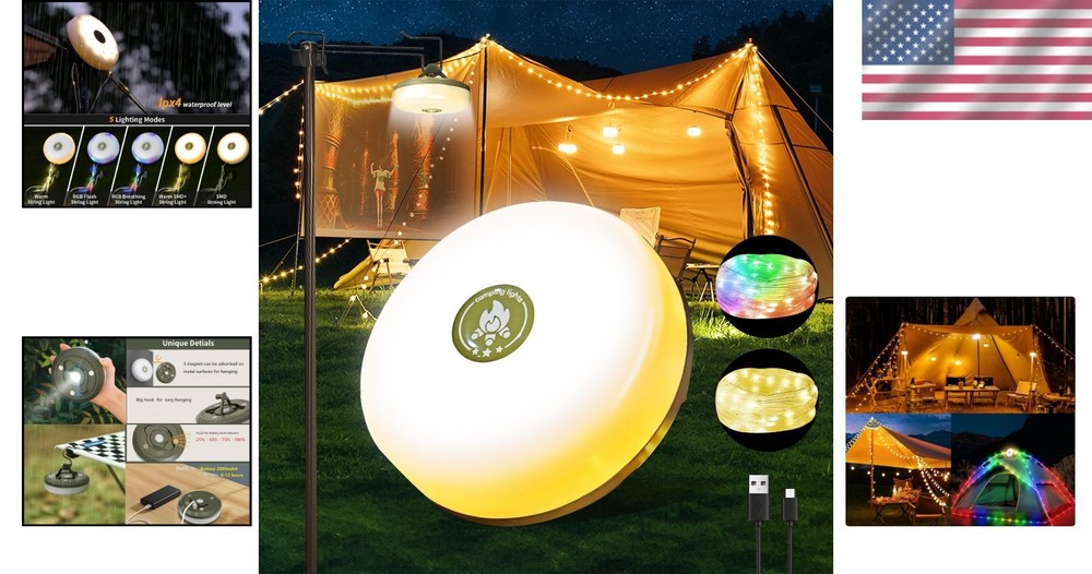 LED Camping String Lights 32.8FT - Weatherproof with USB Charging Capabilities