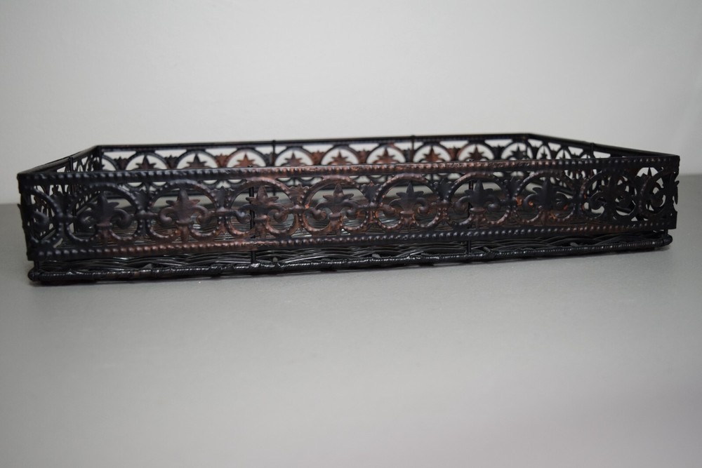 Wicker And Metal Serving Tray Fleur de Li Pattern