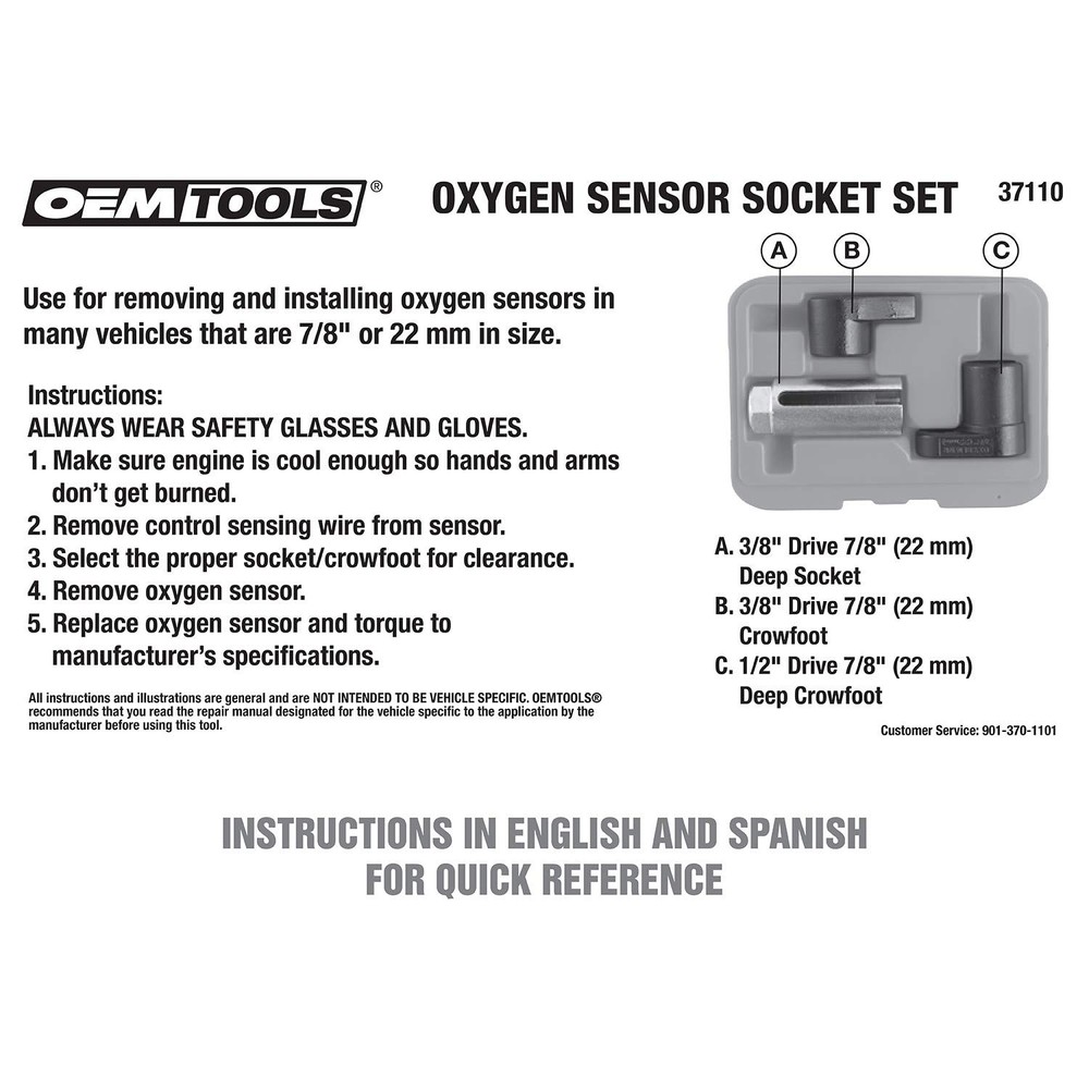 OEMTOOLS 37110 Oxygen Sensor Socket Set, 3 Piece O2 Wrench 22mm, Green