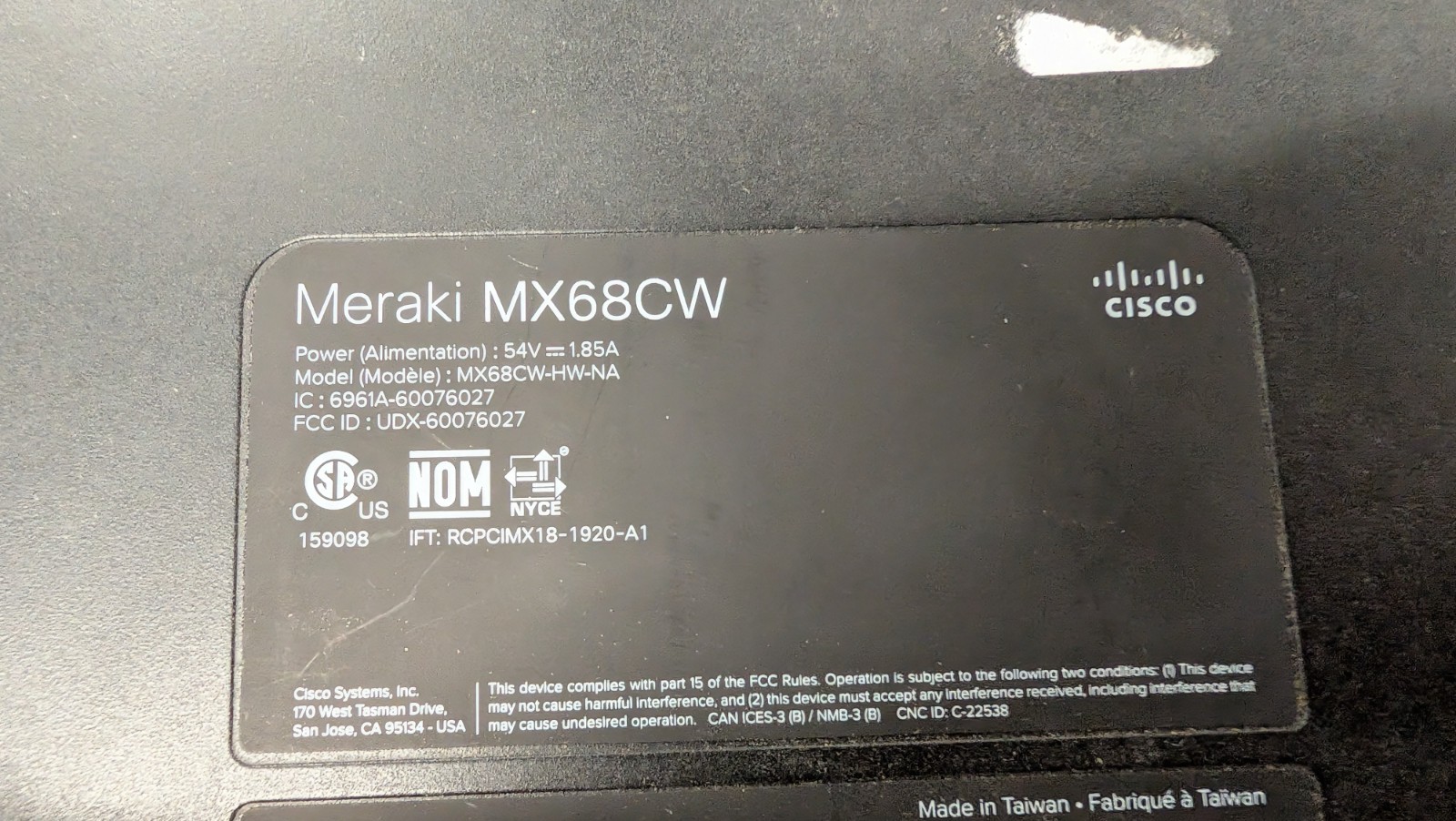 Cisco Meraki LTE Security Router - MX68CW - UNCLAIMED - NO POWER SUPPLY