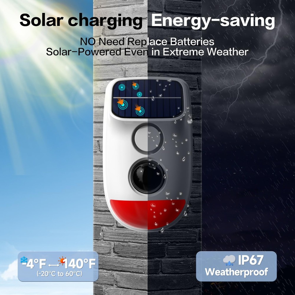 Solar Motion Sensor Alarm - 120dB IP65 Waterproof Security Siren with Strobe ...