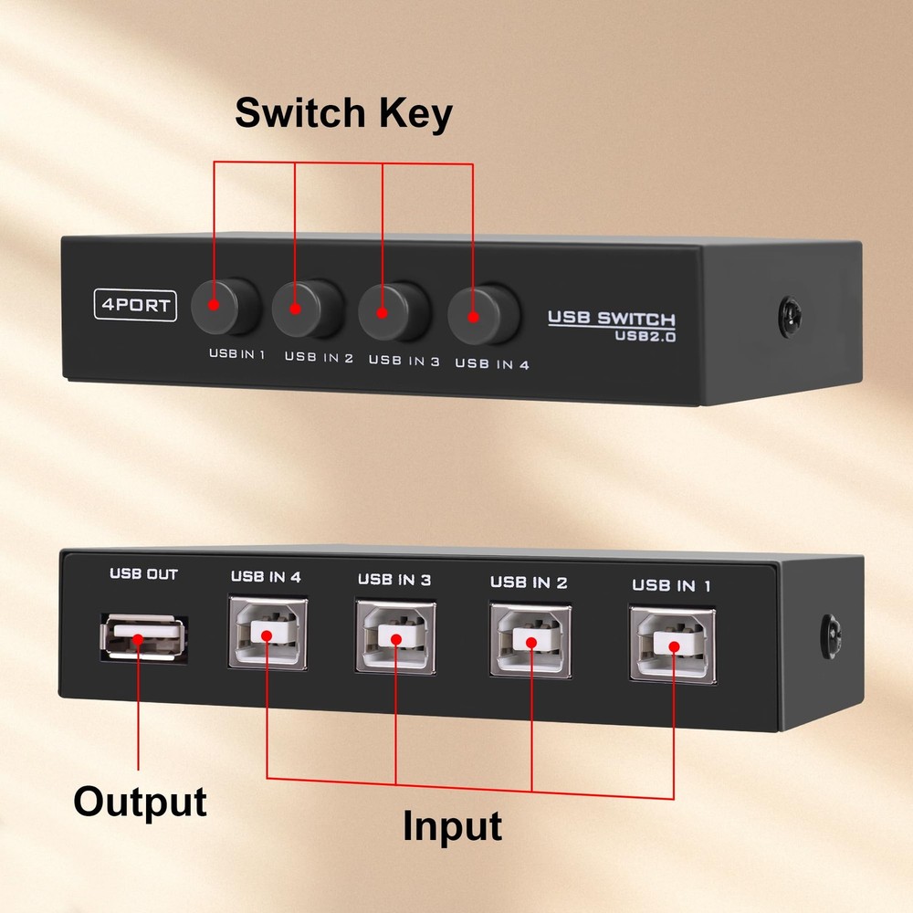 USB2.0 Printer Sharer Switcher, 4 Port USB B Print Selector Switch Adapter 4 ...