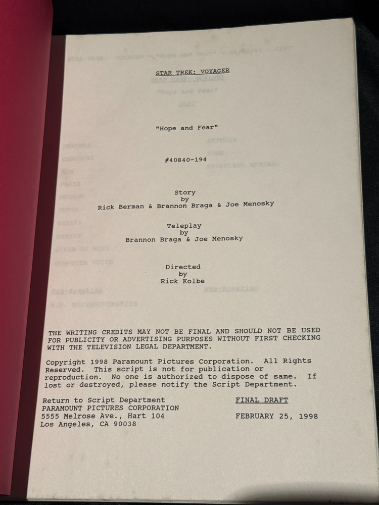 Star Trek Voyager, Studio Final Draft Script "Hope and Fear"