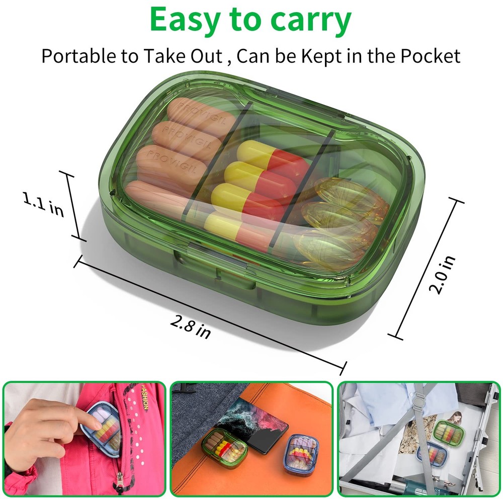 2 Pack 3 Compartment Small Pill Box, Moisture Proof Case, Travel Green+blue