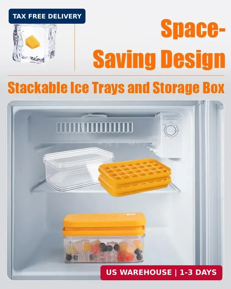 Brigii Ice Cube Tray with Lid&Bin, Ice Cube Mold with 56 Cubes, Stackable Ice Tr