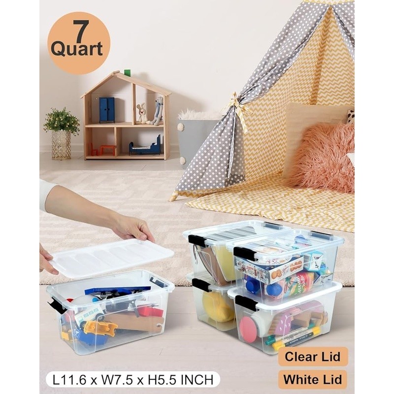 Clear Storage Bins Stackable Plastic Containers W/ Buckle Lids Organizing New
