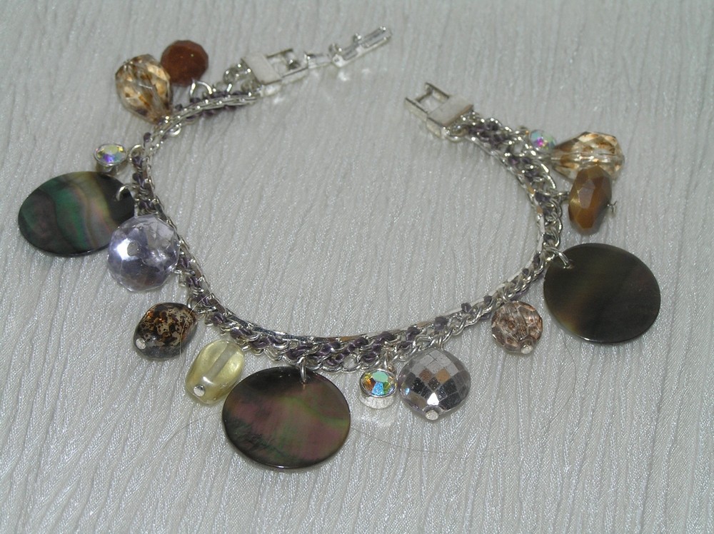 Estate Silvertone Link with Abalone Disk & Clear & Brown Plastic Bead Charm