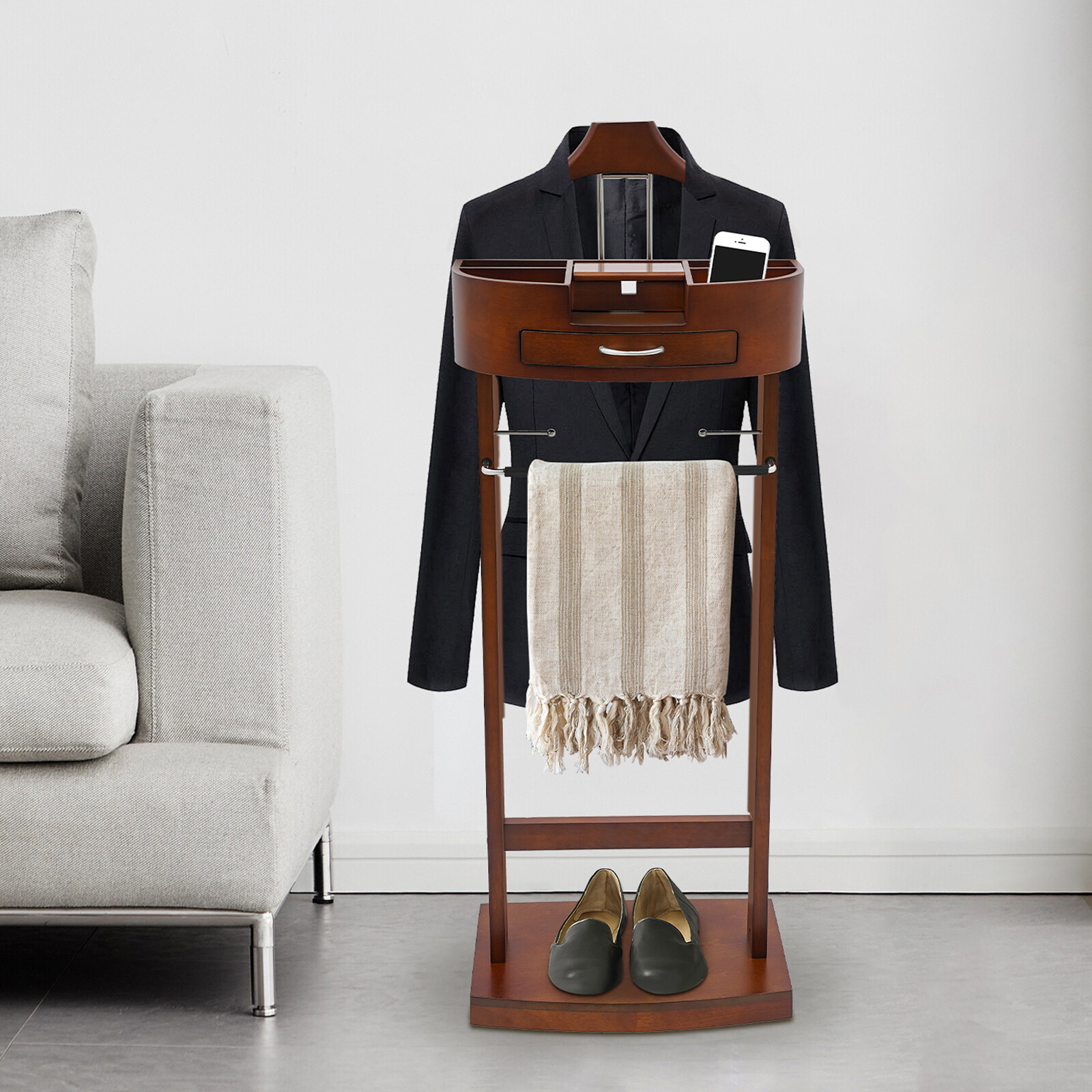 Modern Wood Suit Rack Freestanding Clothing Valet Stand Brown For Home Indoor US