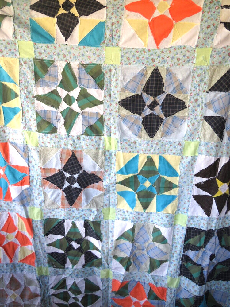 Vtg Quilt Topper Hand Stitched Machine Star Triangle Pattern 60"x74" Multi-Color