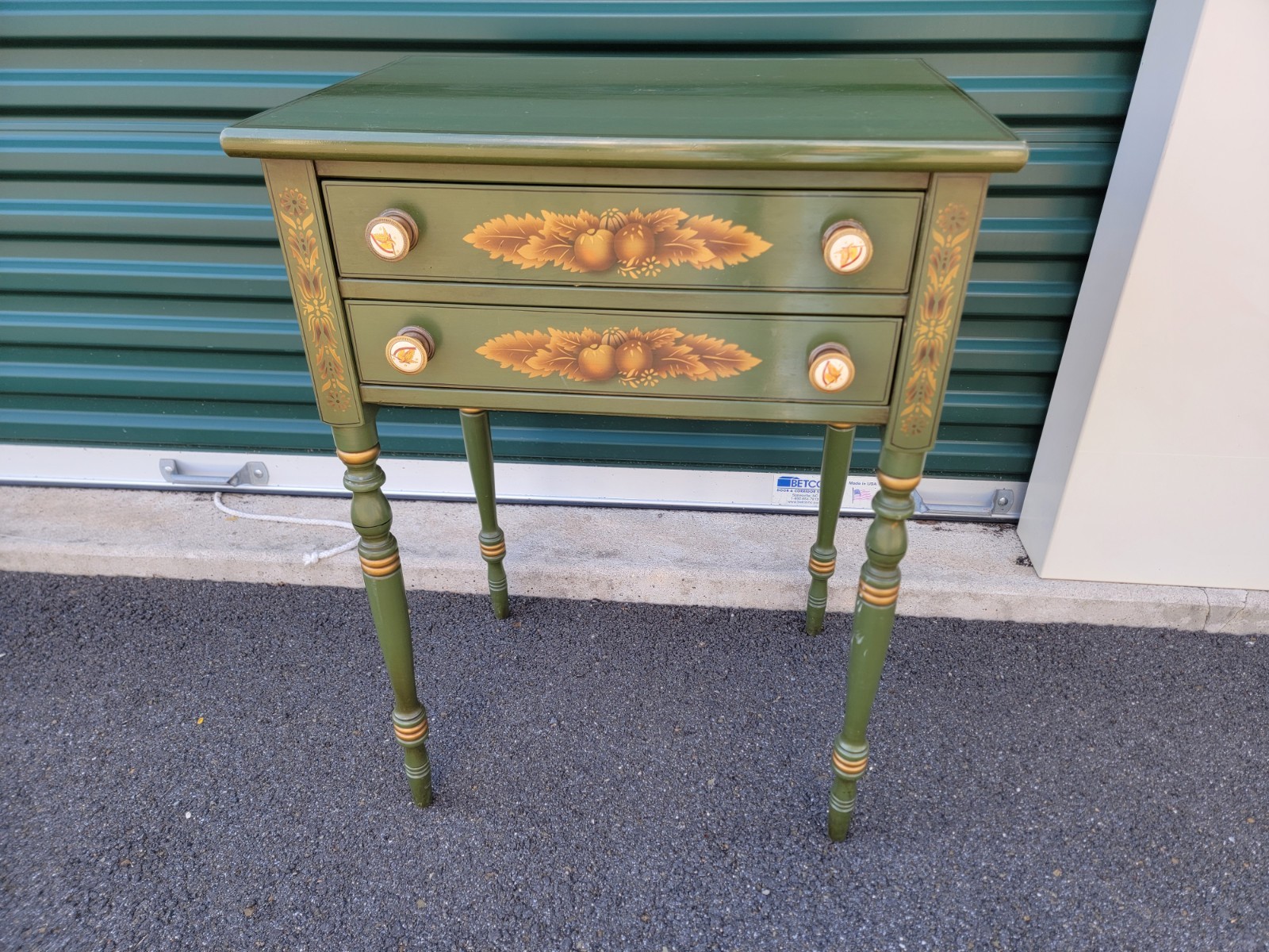 L. Hitchcock 2-drawer End/Side/Work Table  Dark Green Stenciled drawers