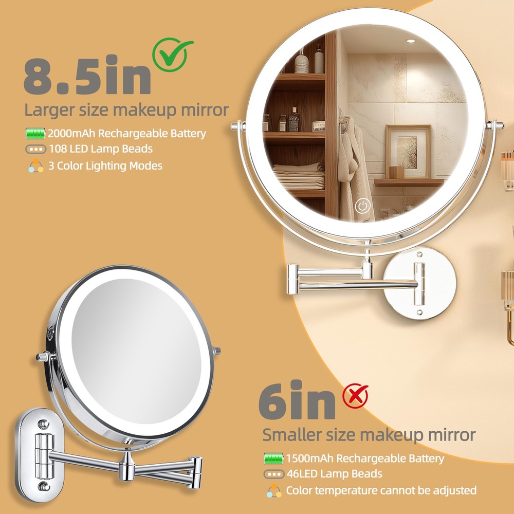 8.5" Wall Mounted Makeup Mirror with Light, 2000mAh Rechargeable Double Sided...