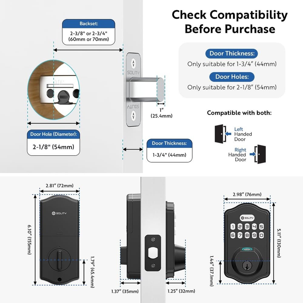 Solity Smart Digital Electronic Deadbolt Door Lock, Keyless Entry, Auto Lock,...