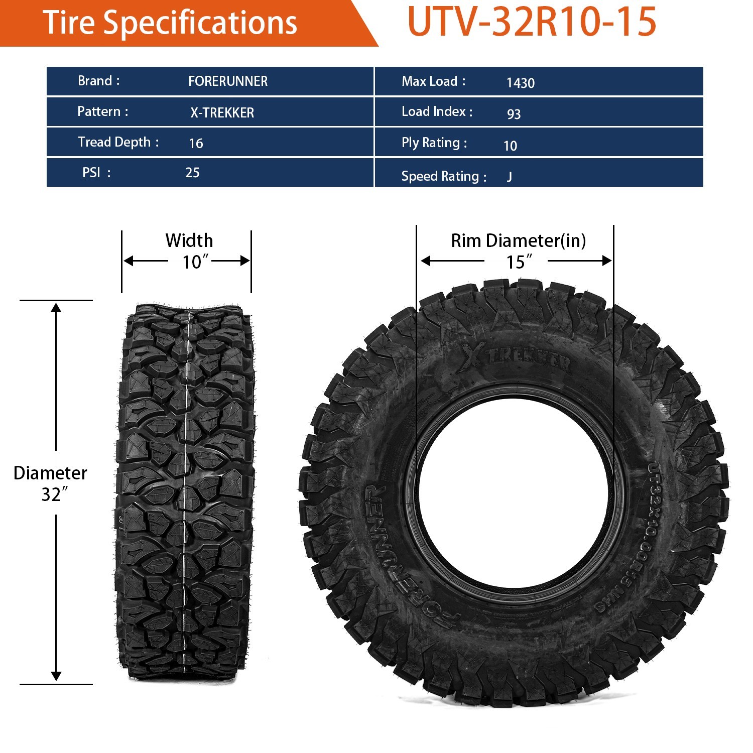 Set 4 32x10x15 ATV Tires 32x10-15 10PR Radial UTV Tires 32 10R 15 All Terrain