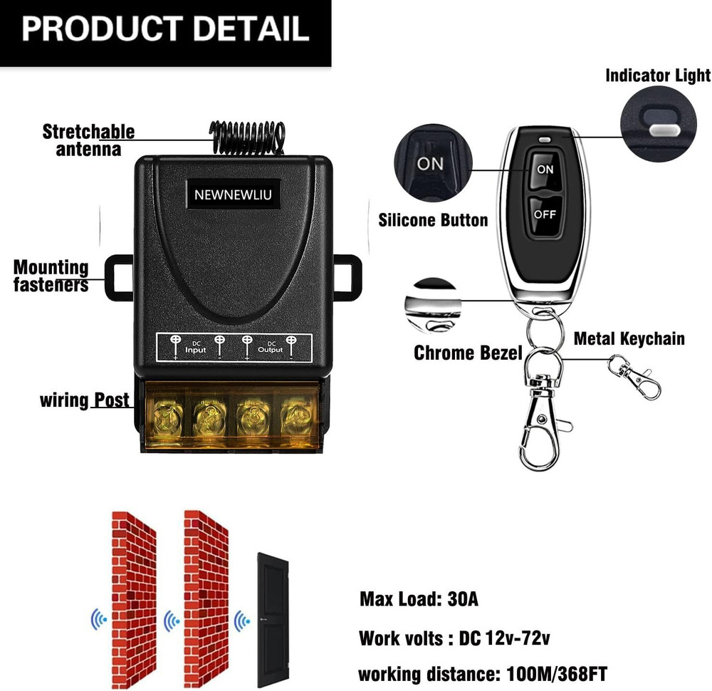 12 Volt Remote Switch Wireless,Dc12V/24V/48V/72V/30A Relay,Remote Control Switch