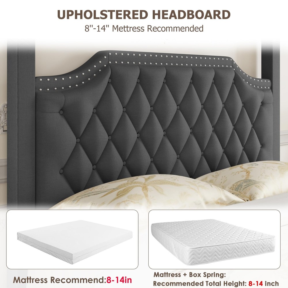Upholstered Canopy Bed Frame Queen Size with Headboard, Button Tufted, Nailhe...