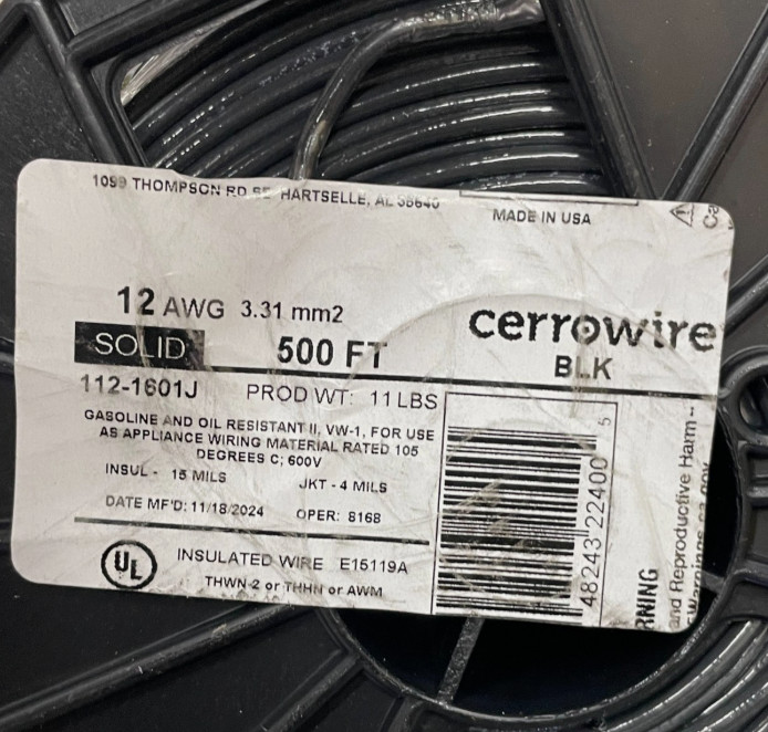 500 ft. #12 BLACK SOLID 12 Gauge 12 AWG THHN Wire