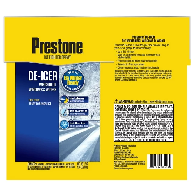 Prestone Windshield De-Icer For Wipers And Windows With Ice Scraper - 17 oz.