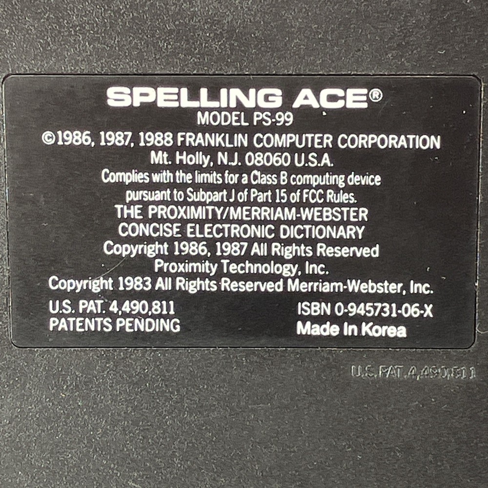 Franklin Computer Corporation Spelling Ace: Model PS-99 Electronic Handheld
